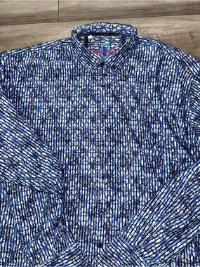 Luchiano Visconti S flocked geometric Blue Patterned Button-Up casual Shirt 4xl
